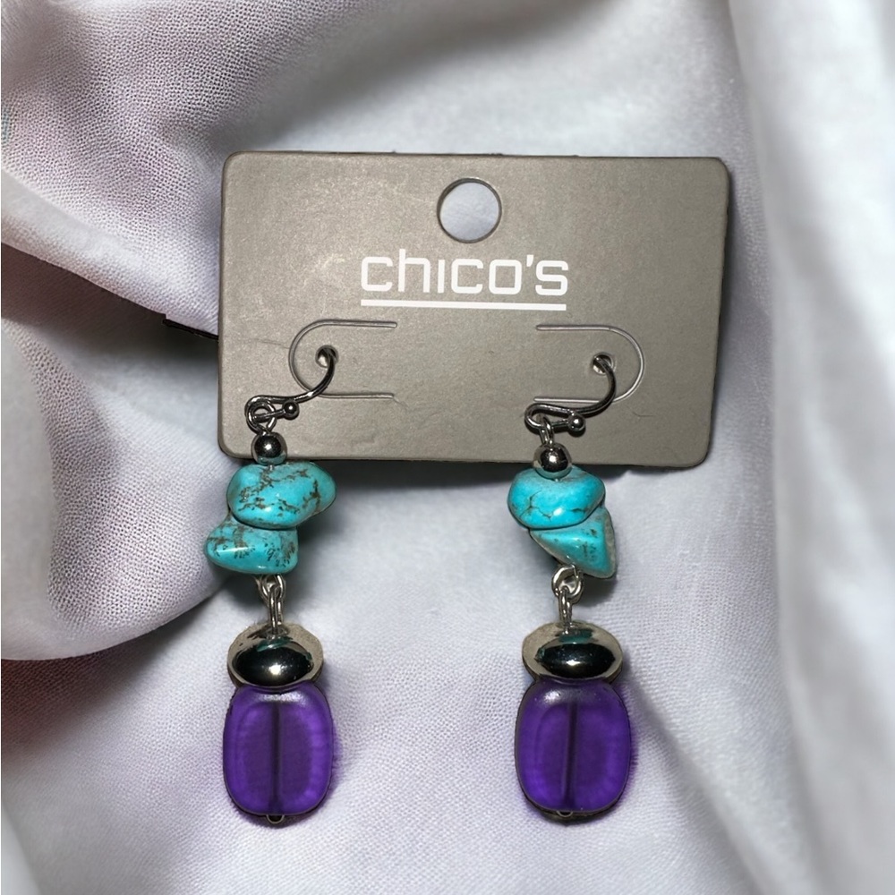 Chico’s Faux Turquoise and Purple Stone Earrings 1.5”